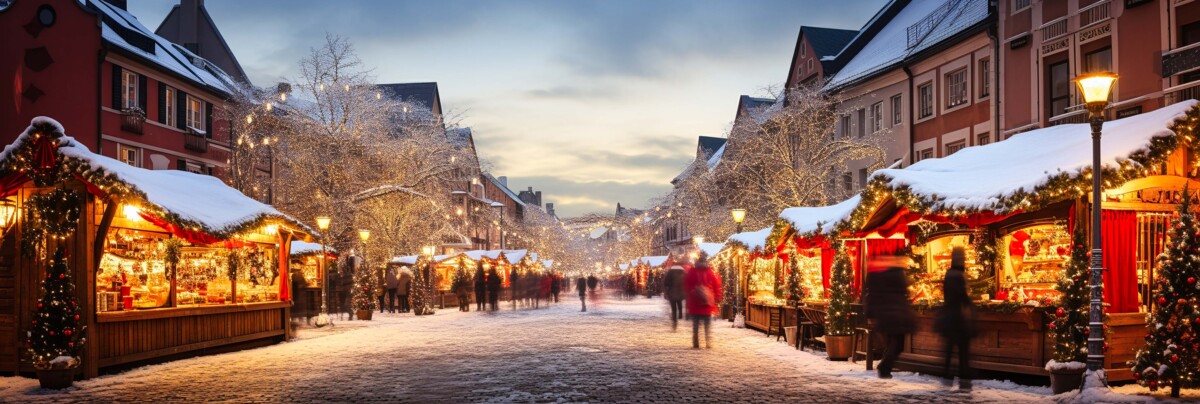 Stimmungsvoller Weihnachtsmarkt bei Nacht, mit festlich beleuchteten Ständen und glitzernden Lichtern. Head, Titel